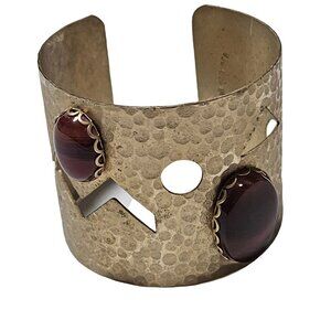 Vintage Hammered Copper Cuff Bracelet Red Stones Geometric Cutouts Boho Chic